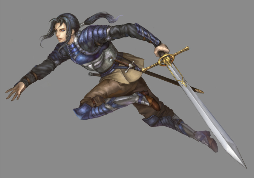 1boy armor blue_armor blue_eyes blue_hair breastplate brown_footwear closed_mouth dark_blue_hair greaves grey_background holding holding_sword holding_weapon long_hair male_focus pauldrons ponytail scabbard sheath sheathed shoulder_armor simple_background solo sword valkyrie_profile vambraces vusc weapon