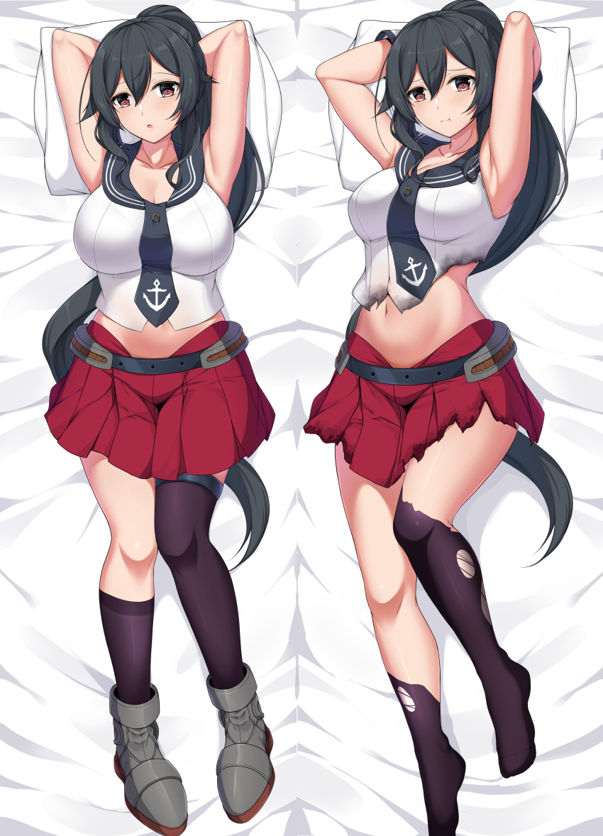 1girl absurdres anchor_symbol black_hair black_legwear black_necktie breasts brown_eyes commission dakimakura_(medium) gloves highres kantai_collection large_breasts long_hair midriff miniskirt navel necktie pleated_skirt ponytail red_skirt sheita shirt sidelocks single_thighhigh skirt sleeveless sleeveless_shirt thigh-highs torn_clothes torn_shirt torn_skirt white_gloves white_shirt yahagi_(kancolle)