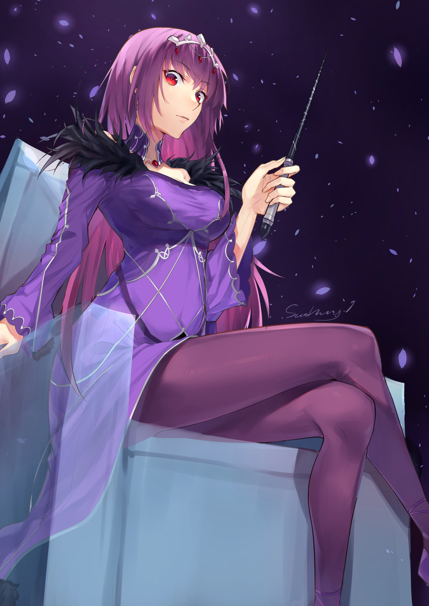 1girl absurdres breasts crossed_arms dress fate/grand_order fate_(series) fur_trim highres jewelry kaersasisama large_breasts long_hair pendant purple_hair red_eyes scathach_(fate)_(all) scathach_skadi_(fate/grand_order) tiara wand