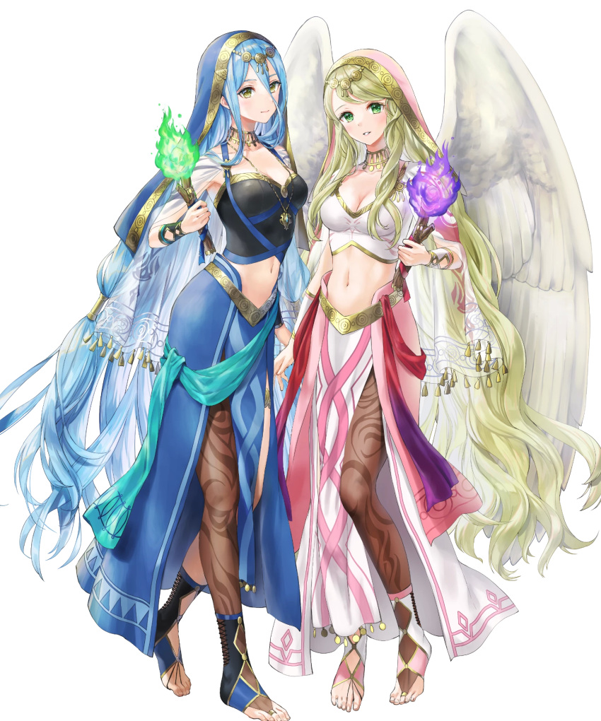 2girls azura_(fire_emblem) bangs blonde_hair blue_eyes breasts capelet detached_collar dress feathered_wings fire fire_emblem fire_emblem:_radiant_dawn fire_emblem_fates fire_emblem_heroes full_body gold_trim green_eyes habit highres holding jewelry kaya8 lene_(fire_emblem) long_hair medium_breasts midriff multiple_girls navel necklace non-web_source official_art pantyhose see-through stomach toes torch transparent_background very_long_hair wings yellow_eyes