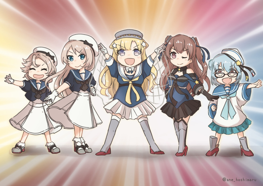 5girls ane_hoshimaru aqua_neckerchief aqua_skirt bangs bespectacled black-framed_eyewear black_gloves black_neckerchief black_ribbon black_skirt blonde_hair blue_eyes blue_hair blue_neckerchief blue_sailor_collar blue_serafuku blue_shirt brown_eyes closed_eyes dixie_cup_hat double_bun dress fletcher_(kancolle) glasses gloves hair_ornament hat hat_ribbon janus_(kancolle) jervis_(kancolle) johnston_(kancolle) kantai_collection light_brown_hair long_hair long_sleeves medium_hair military_hat miniskirt multiple_girls neckerchief off_shoulder one_eye_closed parted_bangs pleated_skirt ribbon sailor_collar sailor_dress sailor_hat samuel_b._roberts_(kancolle) shirt short_hair skirt star_(symbol) star_hair_ornament two_side_up violet_eyes white_dress white_gloves white_headwear white_skirt yellow_neckerchief