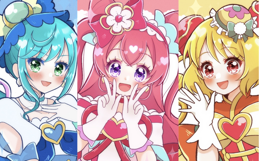 3girls :d absurdres apron blonde_hair blue_bow blue_eyes blue_hair bow bun_cover character_name chestnut_mouth choker column_lineup copyright_name cure_precious cure_spicy cure_yum-yum delicious_party_precure detached_collar double_bun earrings flower fuwa_kokone gloves hair_flower hair_ornament hanamichi_ran hat hat_bow heart_brooch highres jewelry long_hair looking_at_viewer magical_girl mini_hat multiple_girls nagomi_yui open_mouth pink_bow pink_choker pink_hair precure purple_eyes red_eyes short_hair smile umiyuki_(umi_chu) upper_body