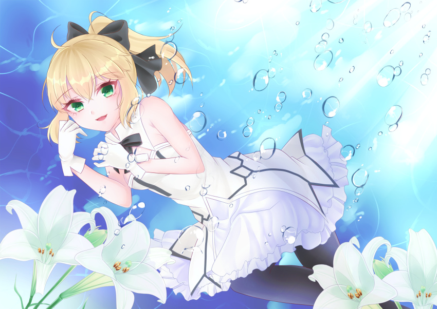 1girl artoria_pendragon_(all) black_bow blonde_hair bow breastplate dress eyebrows_visible_through_hair fate/grand_order fate/unlimited_codes fate_(series) faulds floating_hair gauntlets green_eyes hair_between_eyes hair_bow highres long_hair looking_at_viewer minato_03 outdoors petals ponytail saber_lily signature sleeveless sleeveless_dress solo standing white_dress