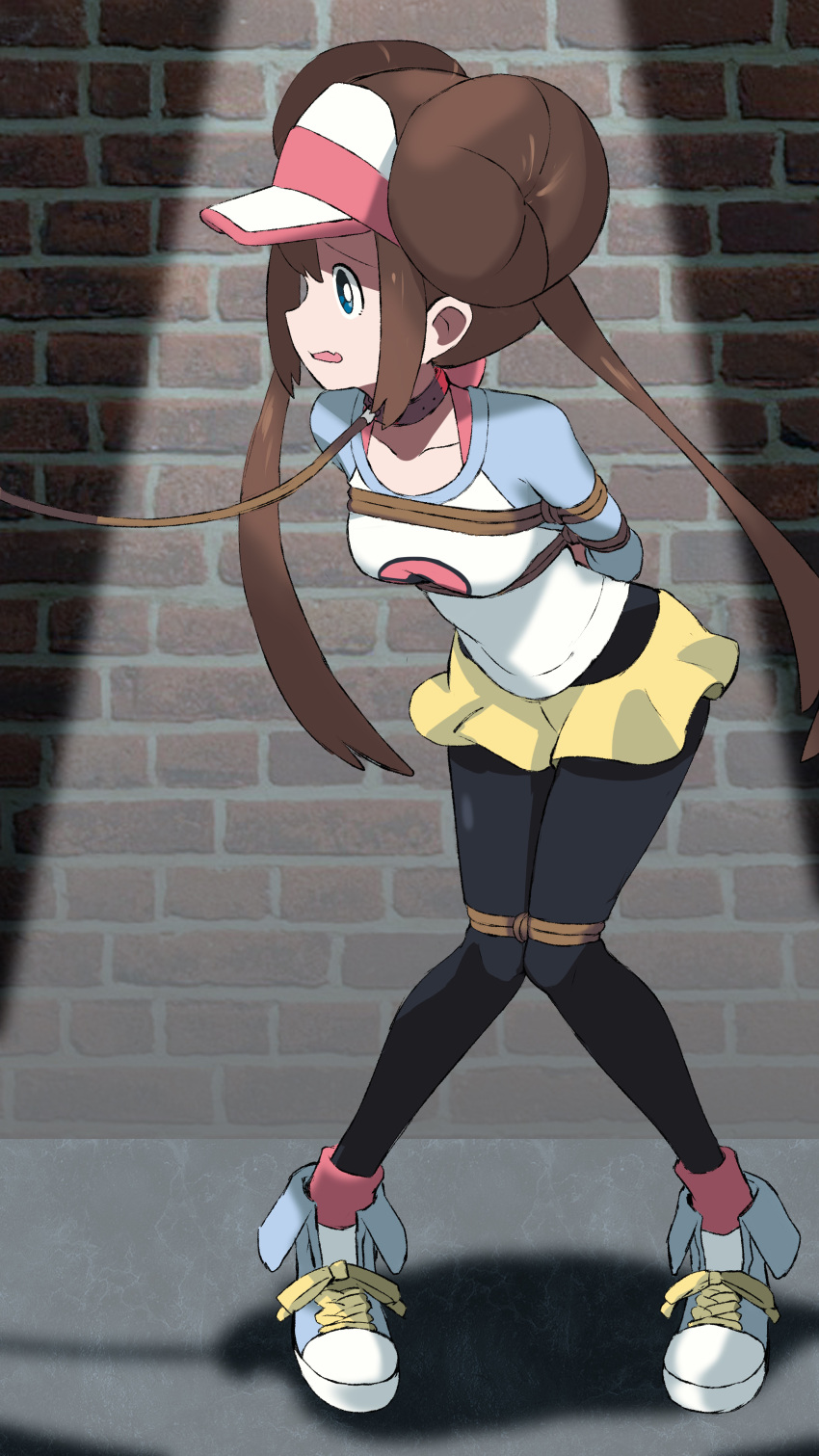 1girl absurdres arms_behind_back bangs bdsm black_legwear blue_eyes bound bow breasts brick_wall brown_hair chimu_xingcheng collar collarbone commentary_request double_bun full_body highres knees_together_feet_apart leash legwear_under_shorts long_hair looking_to_the_side open_mouth pantyhose pigeon-toed pink_bow pokemon pokemon_(game) pokemon_bw2 raglan_sleeves rosa_(pokemon) shirt shoes short_shorts shorts sneakers solo spotlight standing tied_up_(nonsexual) twintails visor_cap yellow_shorts