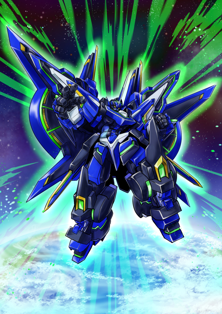 clenched_hand geminion_ray glowing highres ko.da.ma.na mecha no_humans shoulder_cannon sky space star_(sky) starry_sky super_robot_wars super_robot_wars_original_generation super_robot_wars_z super_robot_wars_z3