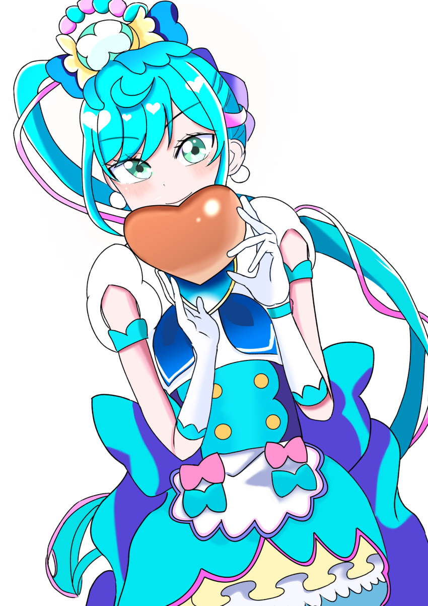 1girl :d blue_bow blue_hair blush bow brooch cure_spicy delicious_party_precure detached_collar earrings fuwa_kokone gloves green_eyes hair_bow hair_ornament hair_rings heart heart_brooch highres jewelry kozasaku3 long_hair looking_at_viewer magical_girl multicolored_hair open_mouth pink_hair ponytail precure puffy_sleeves smile solo two-tone_hair upper_body white_gloves