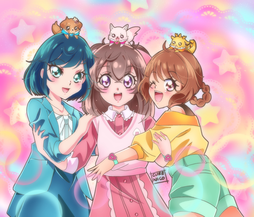 3girls :d aqua_shorts bare_shoulders blue_hair blush bow braid brown_hair commentary curenicoart delicious_party_precure dress dress_tug eyebrows_visible_through_hair frilled_dress frills from_above fuwa_kokone hair_between_eyes hair_bow hair_rings hanamichi_ran highres jacket knees_together_feet_apart leaning_forward long_hair looking_at_viewer looking_up nagomi_yui open_mouth pink_bow pink_dress pink_vest precure purple_eyes red_eyes shadow shirt short_hair shorts sideways_glance simple_background skirt smile socks turtleneck twin_braids two_side_up vest watch white_background white_legwear yellow_footwear yellow_shirt