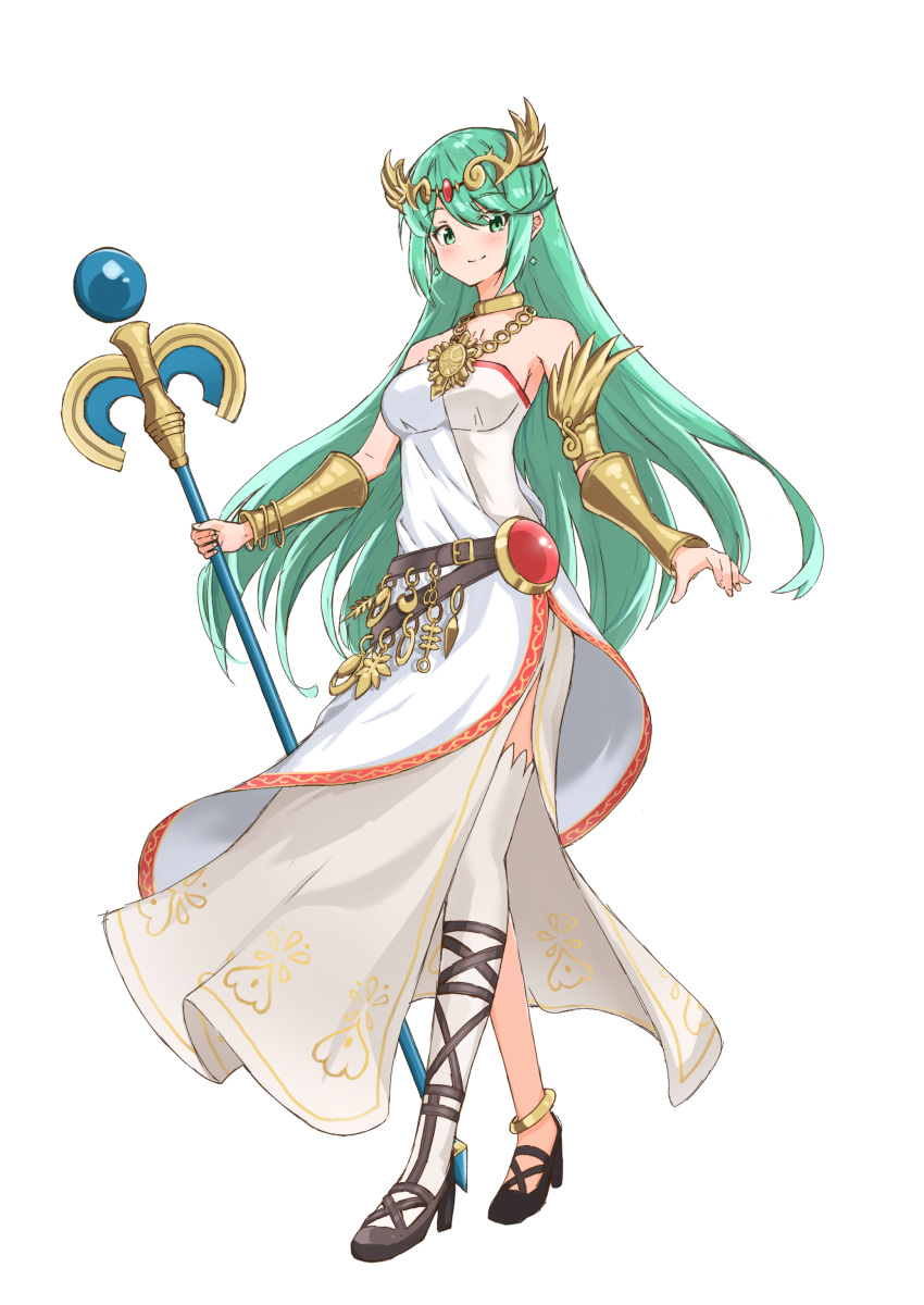 absurdres aotsuba armlet belt breasts cosplay dress forehead_jewel high_heels highres jewelry large_breasts laurel_crown long_legs multiple_belts palutena palutena_(cosplay) pendant pneuma_(xenoblade) sandals side_slit single_thighhigh strapless strapless_dress thigh-highs thighs tiara vambraces white_legwear xenoblade_chronicles_(series) xenoblade_chronicles_2