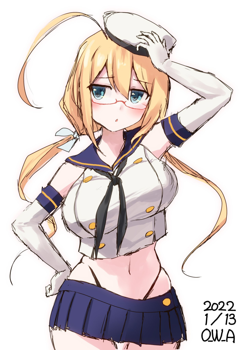 1girl ahoge aqua_eyes bangs black_neckerchief black_panties blonde_hair blue_sailor_collar blue_skirt blush breasts commentary_request cosplay dated elbow_gloves eyebrows_visible_through_hair glasses gloves hair_ribbon hand_on_hip hat highleg highleg_panties highres i-8_(kancolle) kantai_collection large_breasts long_hair low_twintails miniskirt neckerchief one-hour_drawing_challenge owa_(ishtail) panties pleated_skirt red-framed_eyewear ribbon sailor_collar school_uniform serafuku shimakaze_(kancolle) shimakaze_(kancolle)_(cosplay) signature simple_background skirt solo twintails underwear white_background white_gloves