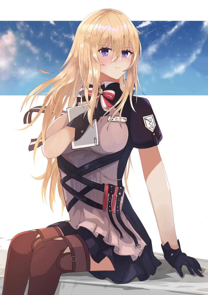 1girl absurdres azur_lane bangs bismarck_(azur_lane) bismarck_(iron_black_elysium)_(azur_lane) blonde_hair blush boots breasts brown_footwear closed_mouth dress eyebrows_visible_through_hair feet_out_of_frame gloves hane_(feathe02) highres holding holding_notepad knee_boots long_hair looking_at_viewer medium_breasts notepad purple_gloves simple_background sitting solo violet_eyes