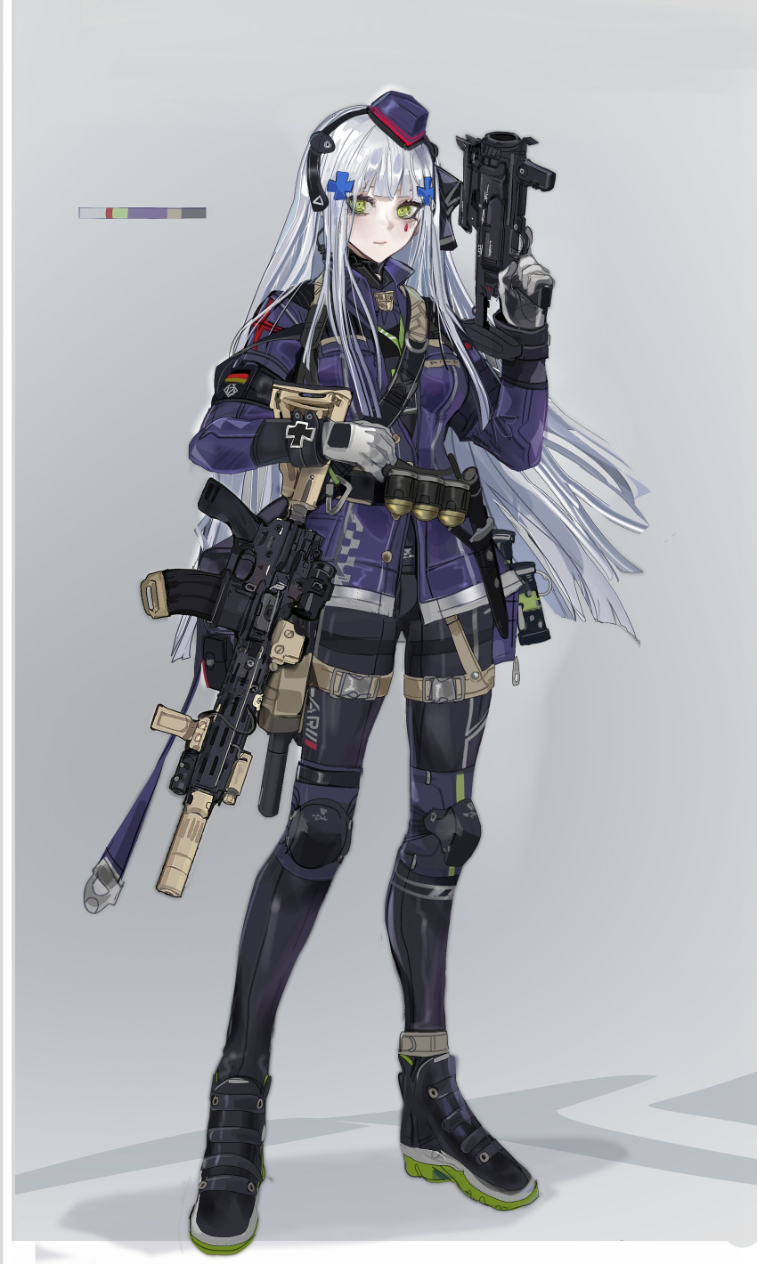 1girl absurdres assault_rifle bangs black_pants commentary earpiece facial_mark flashbang full_body girls_frontline gloves green_eyes grenade_launcher grey_background gun h&amp;k_hk269 h&amp;k_hk416 hair_ornament hat headgear highres hk416_(girls'_frontline) holding holding_gun holding_weapon jacket knee_pads knife knife_holster long_hair looking_at_viewer mini_hat mod3_(girls'_frontline) nslacka pants purple_jacket rifle shoes silver_hair simple_background sling solo suppressor trigger_discipline weapon white_gloves