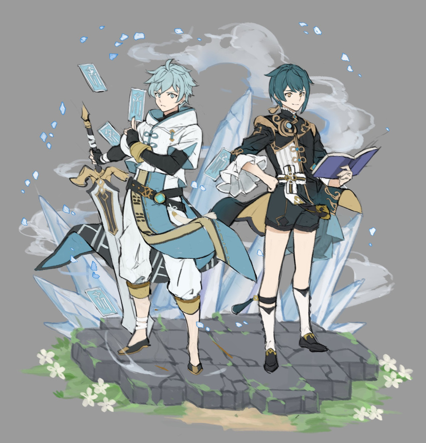 2boys bandaged_leg bandages black_bodysuit blue_hair bodysuit book boots chongyun_(genshin_impact) closed_mouth earrings flower frilled_sleeves frills genshin_impact greatsword grey_background hand_on_hip highres holding holding_book holding_sword holding_weapon ice jewelry light_blue_eyes light_blue_hair male_focus multiple_boys papajay_(jennygin2) shorts simple_background single_earring standing sword symbol-only_commentary talisman tassel tassel_earrings vision_(genshin_impact) weapon xingqiu_(genshin_impact) yellow_eyes