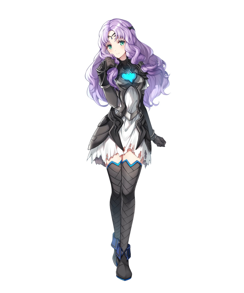 1girl alternate_costume armor bangs black_armor boots breasts circlet dress fire_emblem fire_emblem:_the_blazing_blade fire_emblem_heroes florina_(fire_emblem) full_body gloves green_eyes highres jewelry long_hair long_sleeves medium_breasts non-web_source official_art parted_bangs purple_hair ringozaka_mariko shiny shiny_hair short_dress solo thigh-highs thigh_boots torn_clothes transparent_background white_dress zettai_ryouiki
