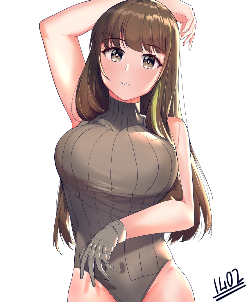 1girl absurdres arm_behind_head bangs blush breasts brown_hair closed_mouth eyebrows_visible_through_hair feet_out_of_frame girls_frontline gloves grey_eyes grey_gloves grey_sweater_vest highres kaicchi large_breasts leotard long_hair looking_at_viewer m4a1_(girls'_frontline) multicolored_hair solo standing sweater_vest white_background