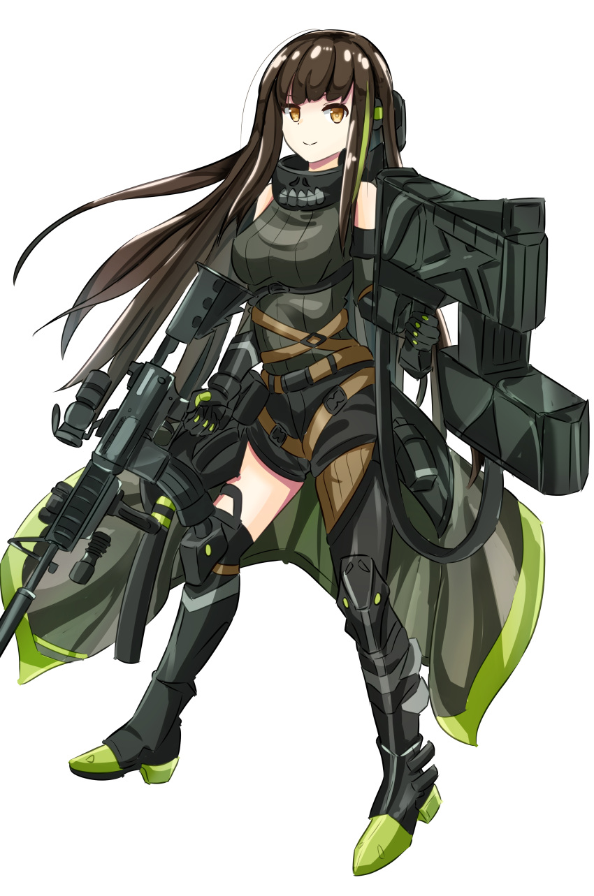 1girl absurdres black_gloves black_shorts breasts brown_eyes brown_hair closed_mouth eyebrows_visible_through_hair feet_out_of_frame girls_frontline gloves green_shirt grey_background hand_on_back hand_on_breast highres long_hair looking_at_viewer m4a1_(girls_frontline) medium_breasts multicolored_hair mutu_(mutugorou_u) navel open_clothes open_shorts shirt shorts solo