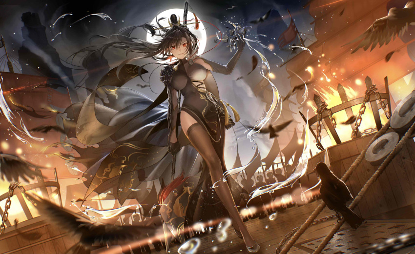 1girl absurdres arm_up armor bird black_hair black_legwear breasts broken_cup cao_cao_(fetc) chain china_dress chinese_clothes cloak crow dress fate/embrace_the_chaos fate_(series) fire flag hanfu highres holding holding_polearm holding_weapon lance long_hair looking_at_viewer moon multiple_boys night night_sky polearm ponytail red_eyes shadow sky smile spear standing thigh-highs weapon yolanda