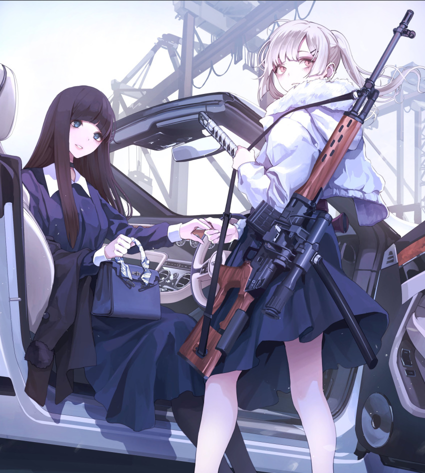 2girls absurdres bag bangs black_choker black_coat black_legwear blonde_hair blue_bag blue_eyes blue_skirt blunt_bangs blush brown_hair car choker coat ear_piercing earrings fingernails fur-trimmed_hood fur_trim glint ground_vehicle gun hair_ornament hairclip handbag highres holding holding_bag holding_hands hood hood_down hooded_jacket jacket jewelry katana koh_(minagi_kou) long_hair looking_back motor_vehicle multiple_girls original outdoors pantyhose parted_lips piercing pink_eyes rifle scabbard sheath sheathed skirt slit_pupils sword teeth twintails weapon white_jacket