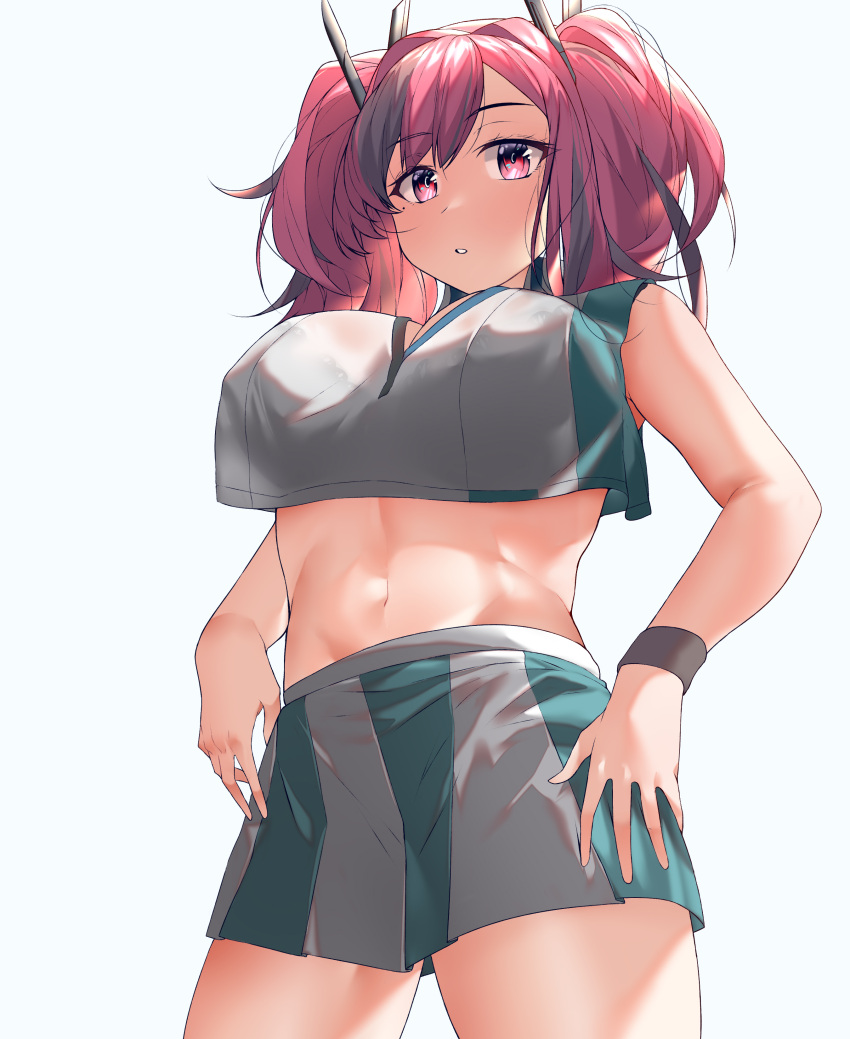 1girl :o absurdres azur_lane bangs blush breasts bremerton_(azur_lane) bremerton_(scorching-hot_training)_(azur_lane) crop_top eyebrows_visible_through_hair feet_out_of_frame from_below hands_on_hips highres kaicchi large_breasts long_hair looking_at_viewer multicolored_hair navel pink_eyes pink_hair solo sportswear standing tennis_uniform twintails white_background