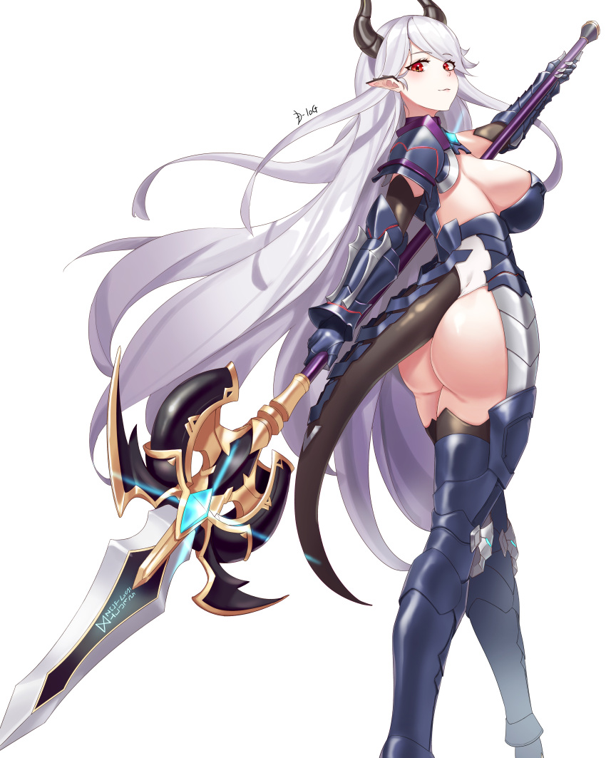 1girl absurdres armor armored_leotard ass boots breasts d-log dragon_girl dragon_horns dragon_tail ear_covers epic_seven from_behind gauntlets highres horns large_breasts leotard long_hair looking_at_viewer looking_back luna_(epic_seven) pointy_ears polearm red_eyes shoulder_armor sideboob smile spear tail tail_armor thigh-highs thigh_boots thong thong_leotard very_long_hair weapon white_hair white_leotard