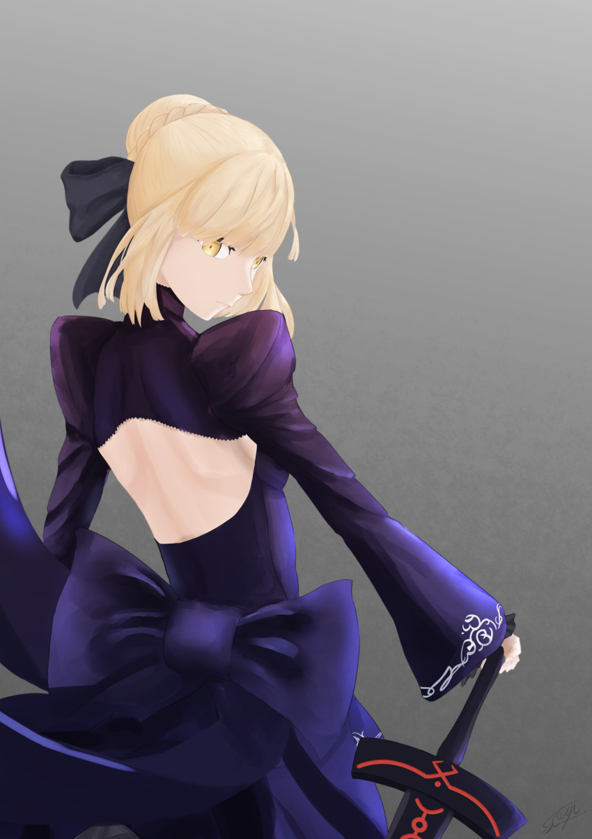 1girl absurdres artoria_pendragon_(fate) bangs black_dress black_ribbon blonde_hair braid closed_mouth commentary_request dark_excalibur dress excalibur_morgan_(fate) fate/grand_order fate/stay_night fate_(series) french_braid from_below gothic_lolita hair_bun highres holding holding_sword holding_weapon juliet_sleeves lolita_fashion long_sleeves looking_at_viewer puffy_sleeves ribbon s3tsu saber_alter sidelocks sword weapon yellow_eyes