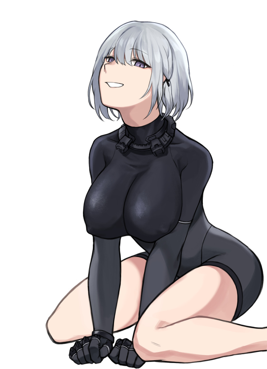 1girl badnick69_(camchi) bangs black_bodysuit bodysuit breasts covered_nipples eyebrows_visible_through_hair full_body girls_frontline hair_ornament hairclip hands_on_floor highres large_breasts looking_at_viewer on_floor open_mouth rpk-16_(girls'_frontline) short_hair silver_hair smile solo teeth thighs violet_eyes white_background