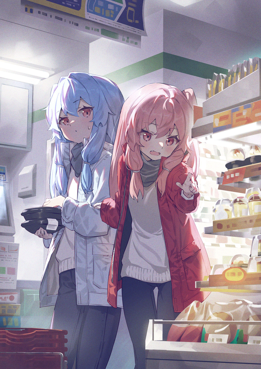 2girls black_pants blue_hair blush closed_mouth coat convenience_store eyebrows_visible_through_hair fang food grey_scarf hair_between_eyes highres kotonoha_akane kotonoha_aoi long_hair long_sleeves multiple_girls noise one_side_up open_clothes open_coat open_mouth orange_eyes pants pink_hair pointing pudding red_coat scarf shop siblings sisters sweater twins voiceroid white_coat white_sweater yamamomo_(plank)