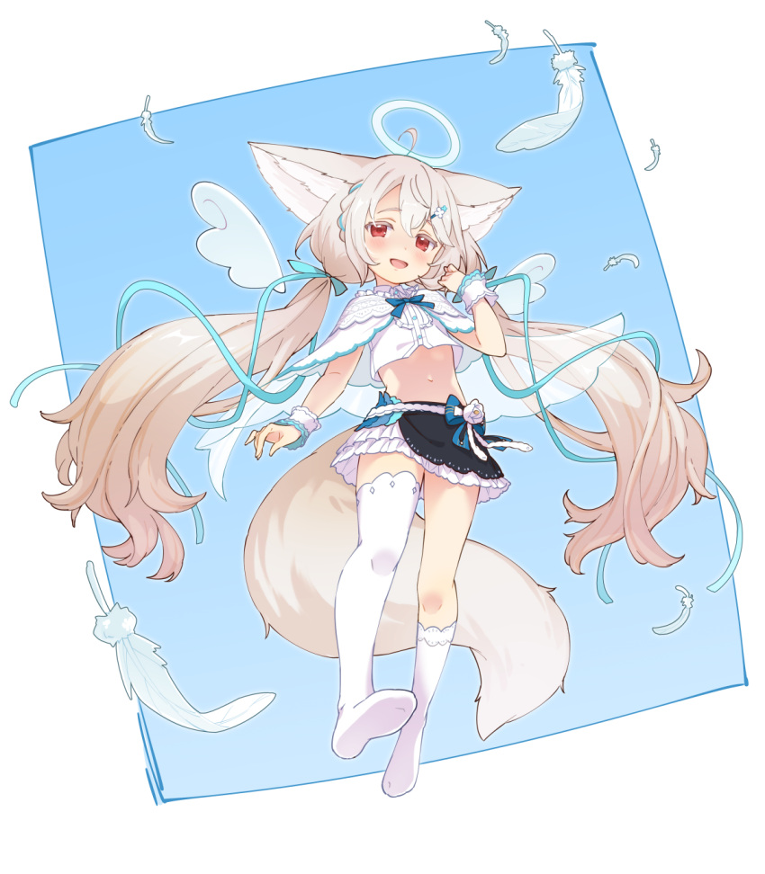 1girl :d ahoge animal_ear_fluff animal_ears asymmetrical_legwear bangs blue_background blue_ribbon brown_hair commentary commission copyright_request detached_wings english_commentary eyebrows_visible_through_hair feathers fox_ears fox_girl fox_tail full_body hair_between_eyes hair_ribbon halo hand_up highres jigatei_(omijin) kneehighs long_hair low_twintails mini_wings no_shoes red_eyes ribbon single_kneehigh single_thighhigh smile soles solo tail thigh-highs twintails two-tone_background very_long_hair white_background white_feathers white_legwear white_wings wings