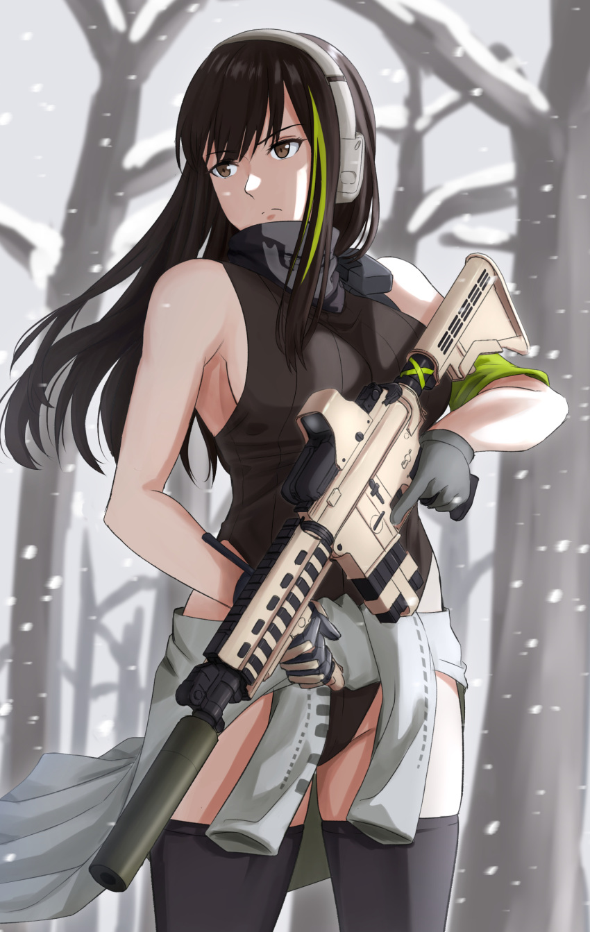 1girl assault_rifle bangs black_legwear black_scarf brown_eyes brown_hair brown_sweater_vest closed_mouth cyka eyebrows_visible_through_hair feet_out_of_frame girls_frontline gloves grey_gloves gun headset highres holding holding_gun holding_weapon leotard long_hair looking_away m4_carbine m4a1_(girls'_frontline) multicolored_hair rifle scarf snowflakes solo standing sweater_vest thigh-highs tree weapon winter