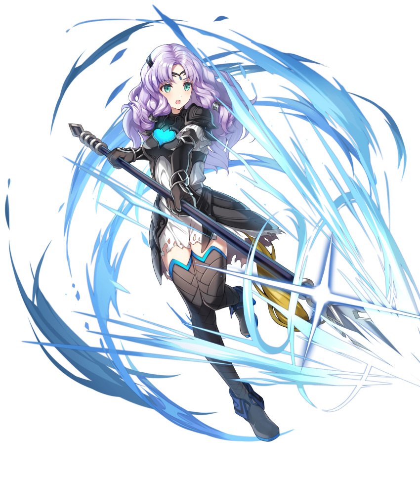 1girl alternate_costume armor bangs black_armor boots breasts circlet dress fire_emblem fire_emblem:_the_blazing_blade fire_emblem_heroes florina_(fire_emblem) full_body gloves green_eyes highres jewelry long_hair long_sleeves medium_breasts non-web_source official_art parted_bangs purple_hair ringozaka_mariko shiny shiny_hair short_dress solo thigh-highs thigh_boots torn_clothes transparent_background white_dress zettai_ryouiki