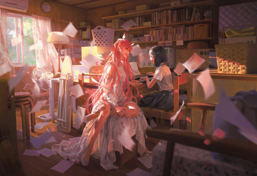 2girls belle_(ryuu_to_sobakasu_no_hime) black_hair chair chenalii closed_eyes curtains dress electric_fan highres instrument ironing_board long_hair multiple_girls music naitou_suzu open_window piano pink_hair playing_instrument playing_piano ryuu_to_sobakasu_no_hime short_hair singing sitting white_dress white_footwear window