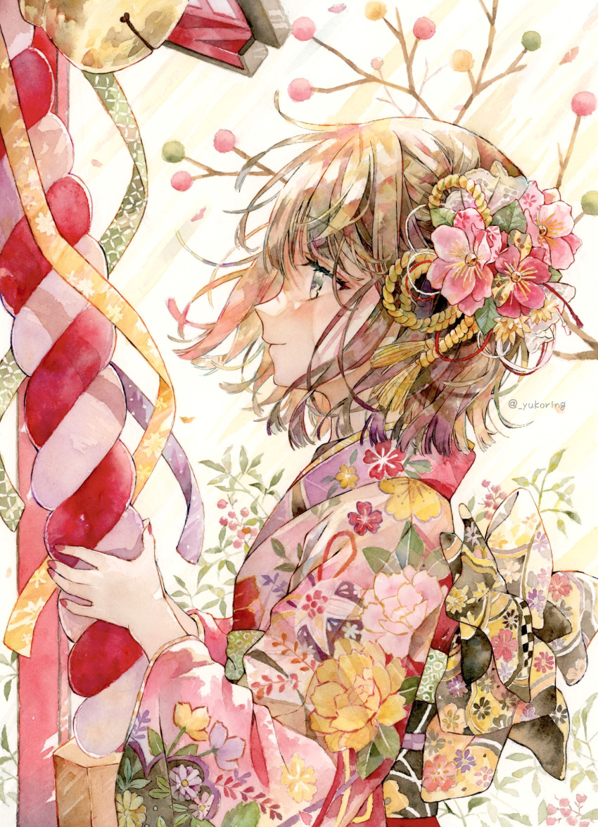 1girl bangs bow branch brown_hair closed_mouth commentary_request eyebrows_visible_through_hair from_side furisode grey_eyes hatsumoude highres holding japanese_clothes kimono light_blush looking_to_the_side medium_hair multicolored_hair new_year original painting_(medium) red_nails smile solo standing streaked_hair traditional_media upper_body waist_bow watercolor_(medium) yukoring