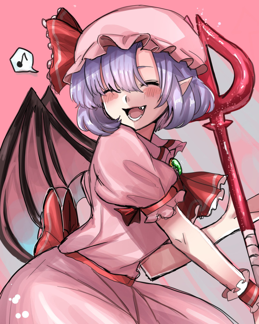 1girl :d bat_wings brooch closed_eyes contrapposto cowboy_shot dress eyebrows_behind_hair fang happy hat highres jewelry mob_cap musical_note pink_background pink_dress pointy_ears purple_hair purupurutamago45 remilia_scarlet simple_background smile solo spear_the_gungnir spoken_musical_note touhou wings