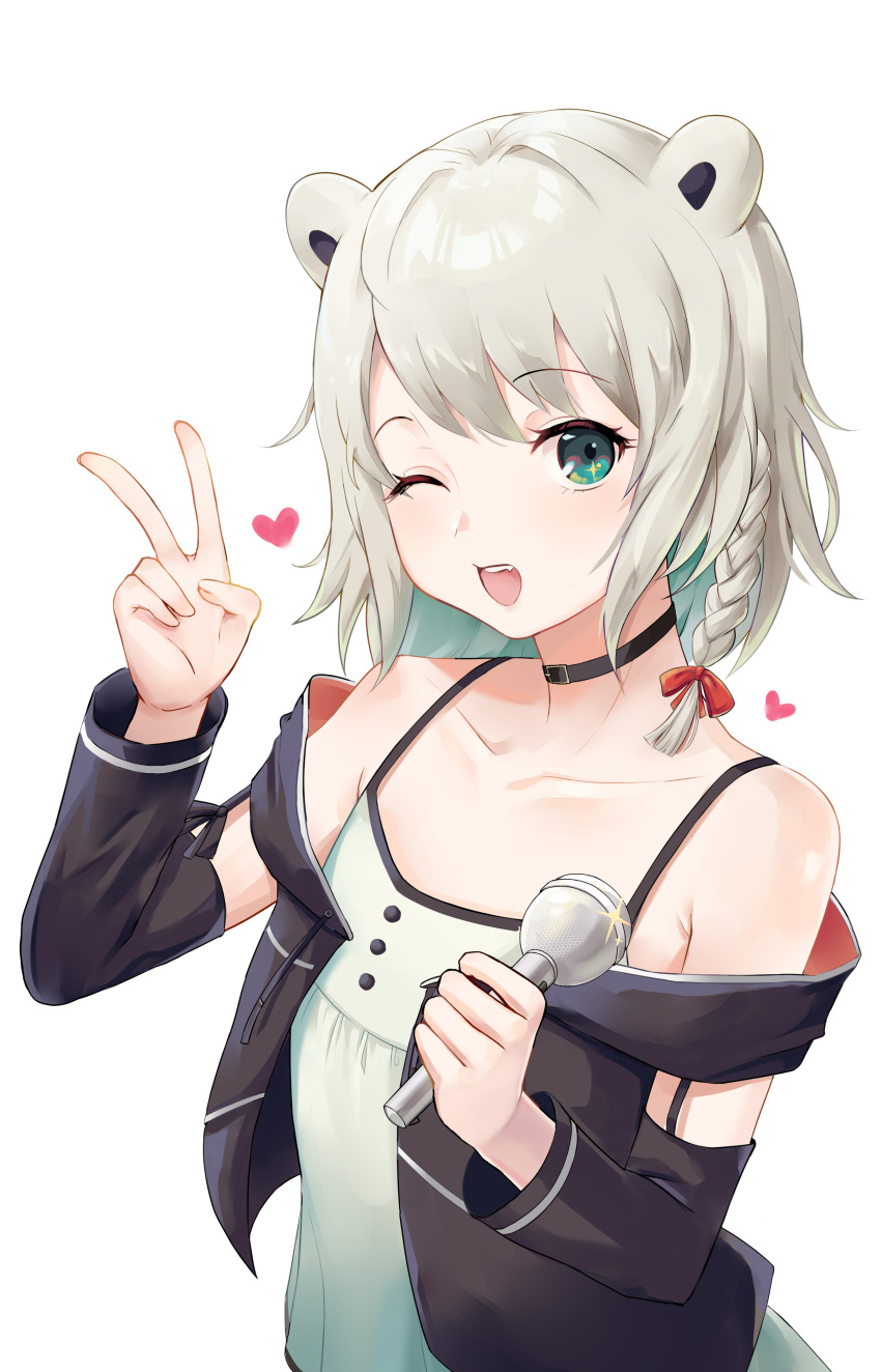 1girl absurdres animal_ears bear_ears black_jacket braid choker collarbone detached_sleeves dress eyelashes fang flat_chest green_dress green_eyes hand_up heart highres holding holding_microphone indie_virtual_youtuber jacket kumagai_chisato looking_at_viewer medium_hair microphone off-shoulder_dress off_shoulder one_eye_closed oppaniichan simple_background single_braid solo upper_body v virtual_youtuber white_background