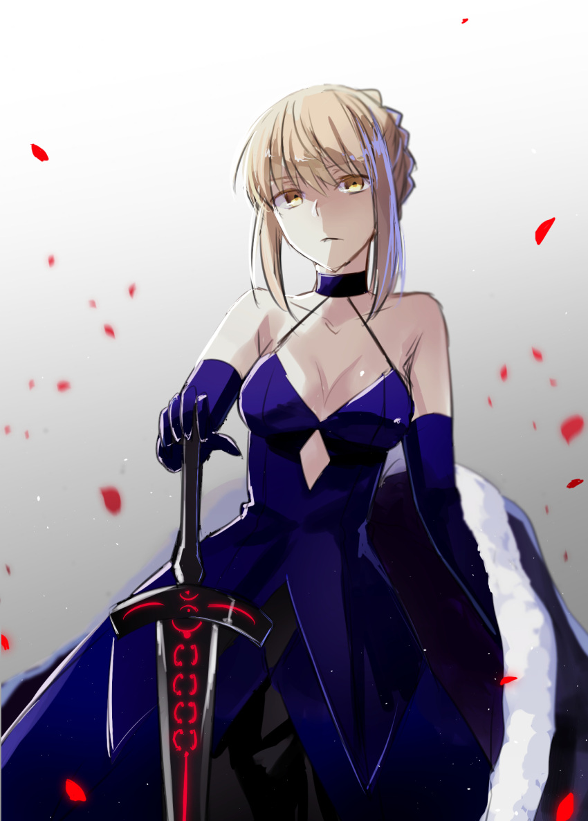 1girl absurdres artoria_pendragon_(fate) bangs black_dress black_ribbon blonde_hair braid closed_mouth commentary_request dark_excalibur dress excalibur_morgan_(fate) fate/grand_order fate/stay_night fate_(series) french_braid from_below fuyuki_(neigedhiver) gothic_lolita hair_bun highres holding holding_sword holding_weapon juliet_sleeves lolita_fashion long_sleeves looking_at_viewer puffy_sleeves ribbon saber_alter sidelocks sword weapon yellow_eyes