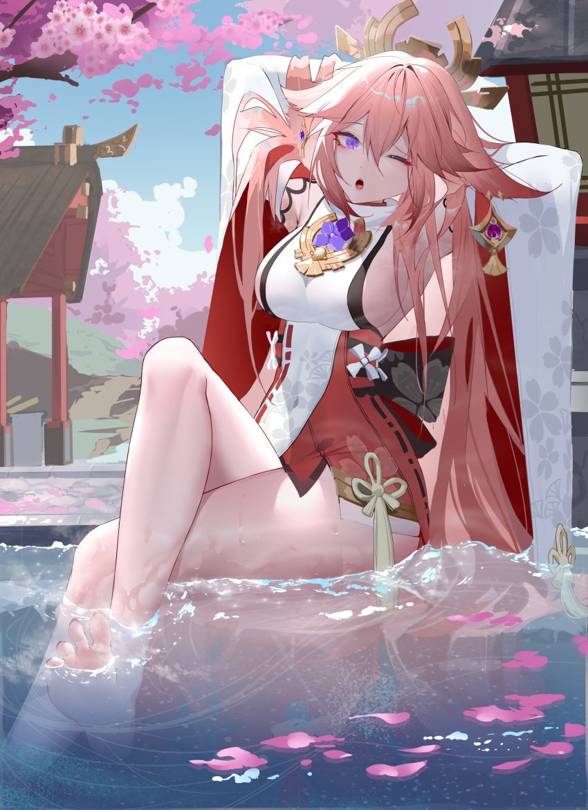 1girl ;o absurdres armpits barefoot blue_sky breasts cherry_blossoms crossed_legs genshin_impact hair_between_eyes hair_ornament highres japanese_clothes large_breasts long_hair looking_at_viewer miko one_eye_closed open_mouth partially_submerged pink_hair rib_(rib_delesetong) sideboob sitting sky soles thighs toes tree violet_eyes water wet yae_(genshin_impact)