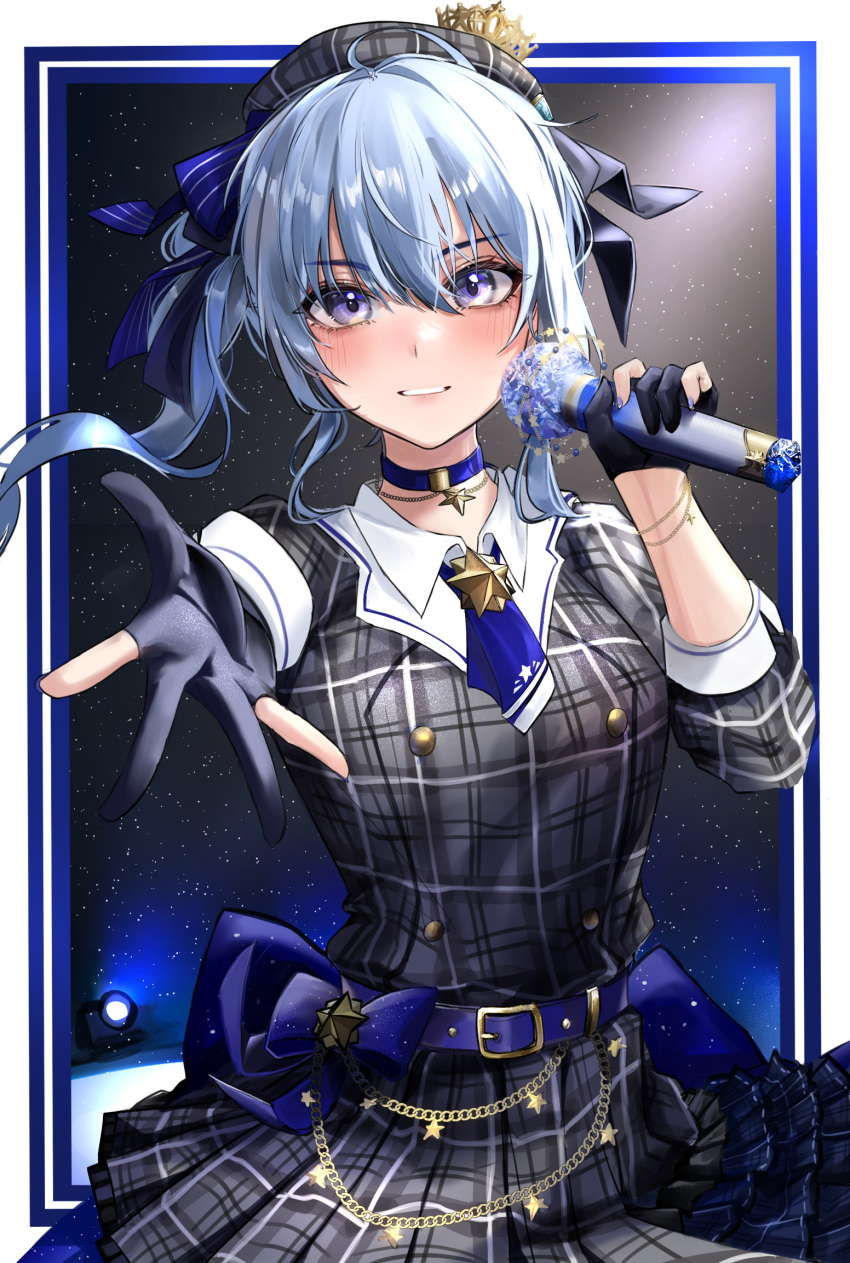 1girl animal_ears bangs belt beret blue_belt blue_choker blue_eyes blue_hair blue_necktie blue_ribbon blush bracelet choker commentary_request dress eyebrows_visible_through_hair gloves grey_dress grey_headwear hair_between_eyes hair_ribbon hat highres holding holding_microphone hololive hoshimachi_suisei jewelry long_sleeves looking_at_viewer microphone mookie_(e_mook9) necktie outstretched_arm parted_lips partially_fingerless_gloves plaid plaid_dress plaid_headwear reaching_out ribbon side_ponytail solo virtual_youtuber