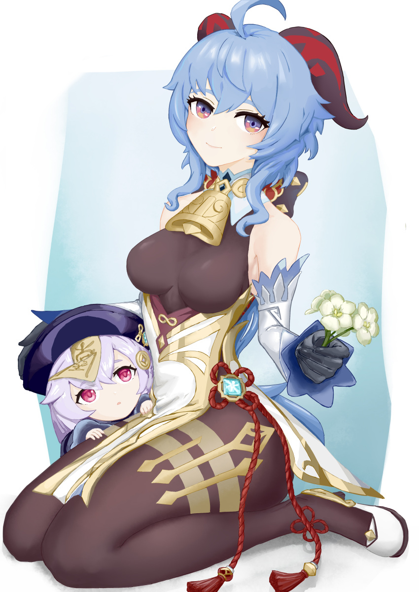 2girls absurdres ahoge bangs bare_shoulders bell black_gloves black_legwear blue_hair bow bowtie breasts chinese_knot coin_hair_ornament commentary curled_horns detached_sleeves flower flower_knot ganyu_(genshin_impact) genshin_impact gloves gold_trim high_heels highres holding holding_flower horns jiangshi long_hair looking_at_viewer medium_breasts multicolored_eyes multiple_girls neck_bell qingxin_flower qiqi_(genshin_impact) seiza sidelocks sitting smile talisman tassel thighlet uep violet_eyes vision_(genshin_impact) white_flower white_sleeves