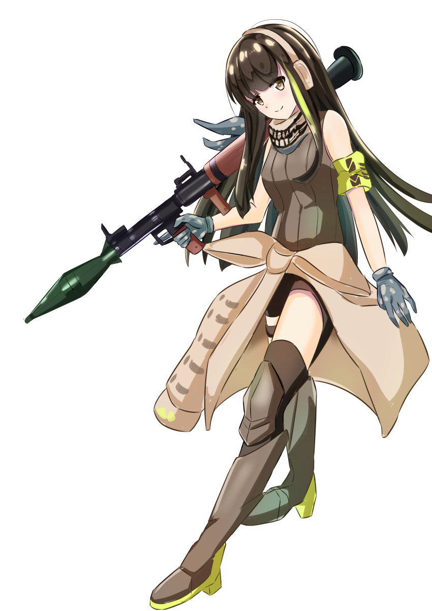 1girl absurdres black_gloves black_shorts breasts brown_eyes brown_hair closed_mouth eyebrows_visible_through_hair feet_out_of_frame girls_frontline gloves green_shirt grey_background hand_on_back hand_on_breast highres long_hair looking_at_viewer m4a1_(girls_frontline) medium_breasts multicolored_hair mutu_(mutugorou_u) navel open_clothes open_shorts shirt shorts solo