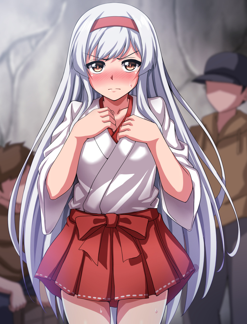 1girl 2boys absurdres blurry blurry_background blush brown_eyes commentary_request commission cowboy_shot embarrassed hairband hakama hakama_short_skirt hakama_skirt highres japanese_clothes kantai_collection long_hair looking_at_viewer multiple_boys nose_blush red_hairband red_hakama shoukaku_(kancolle) skirt solo_focus white_hair zanntetu