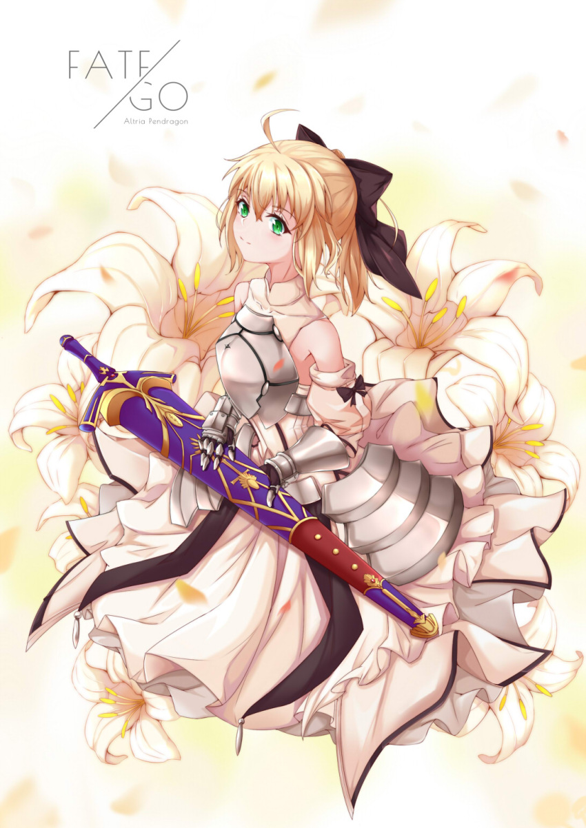 1girl artoria_pendragon_(all) black_bow blonde_hair bow breastplate caliburn dress eyebrows_visible_through_hair fate/grand_order fate/unlimited_codes fate_(series) faulds floating_hair gauntlets green_eyes hair_between_eyes hair_bow highres long_hair looking_at_viewer m&iacute;_ying outdoors petals ponytail saber_lily signature sleeveless sleeveless_dress solo standing sword weapon white_dress