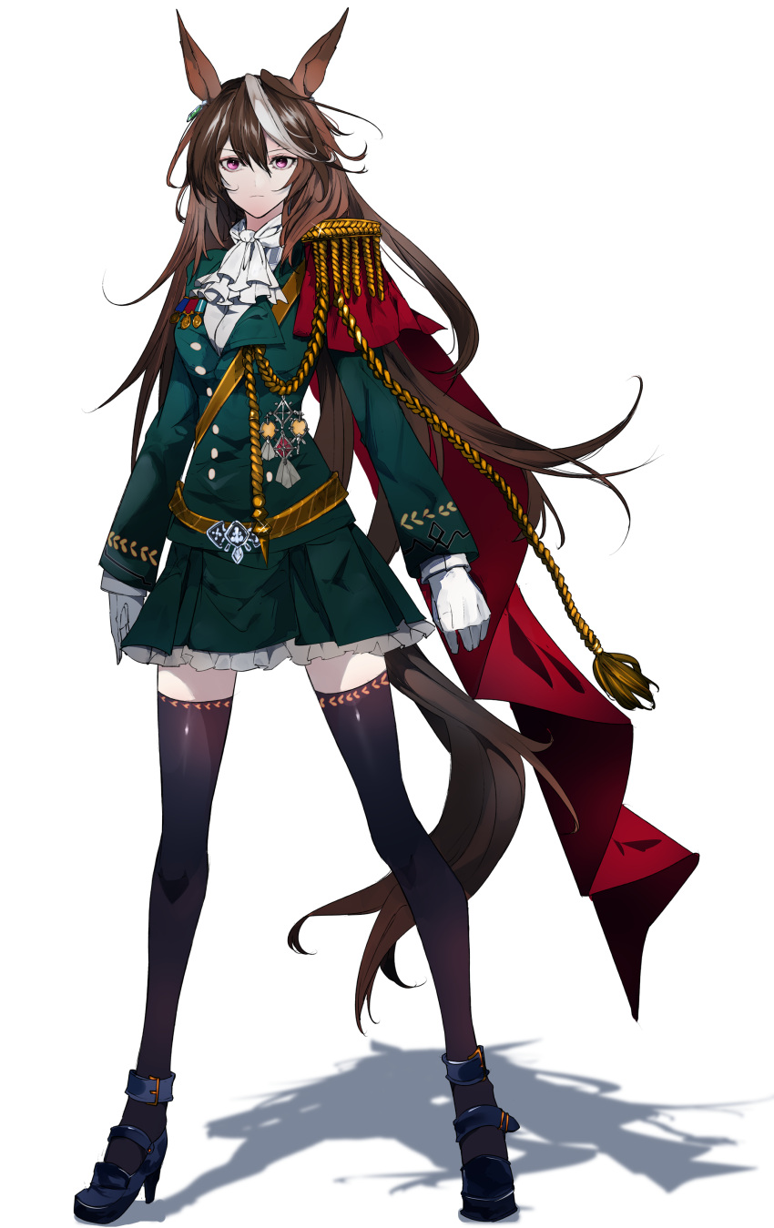1girl :| absurdres animal_ears armor ascot bangs belt black_footwear black_legwear brown_eyes buttons cape closed_mouth commentary_request double-breasted dress ear_tag earrings expressionless full_body gloves green_dress hair_between_eyes high_heels highres horse_ears horse_tail ikurauni jewelry long_hair long_sleeves looking_at_viewer medal multicolored_hair pauldrons red_cape rope shadow shoulder_armor simple_background single_pauldron sketch solo standing streaked_hair symboli_rudolf_(umamusume) tail thigh-highs umamusume very_long_hair white_ascot white_background white_gloves