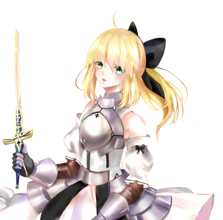 1girl artoria_pendragon_(all) black_bow blonde_hair bow breastplate caliburn dress eyebrows_visible_through_hair fate/grand_order fate/unlimited_codes fate_(series) faulds floating_hair gauntlets green_eyes hair_between_eyes hair_bow highres long_hair looking_at_viewer opmeow outdoors petals ponytail saber_lily signature sleeveless sleeveless_dress solo standing sword weapon white_dress