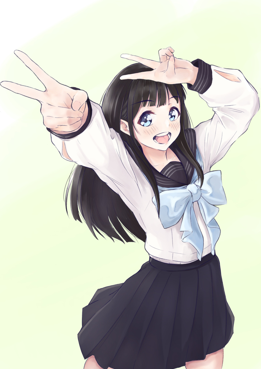 1girl absurdres akebi-chan_no_serafuku akebi_komichi black_hair black_sailor_collar blue_eyes cowboy_shot double_v foreshortening highres long_hair looking_at_viewer open_mouth roubai_academy_school_uniform_(old) round_teeth sailor_collar school_uniform serafuku simple_background solo teeth tomoe_(tomoe_200) upper_teeth v white_background