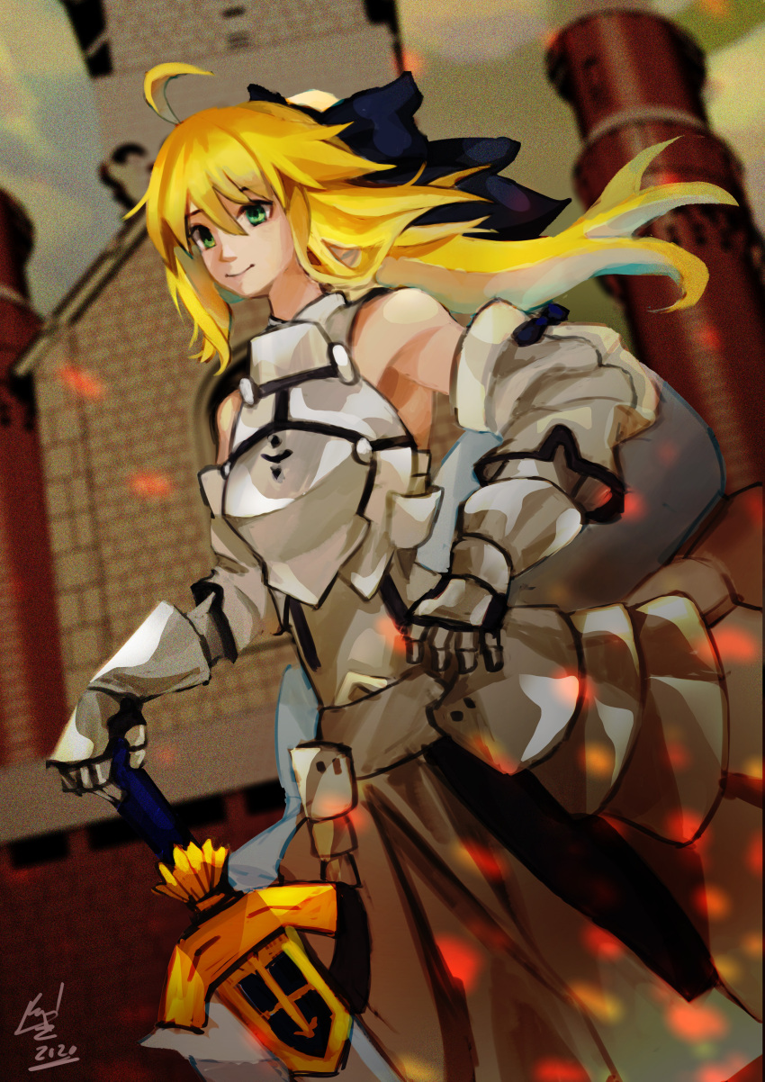 1girl armor armored_dress artoria_pendragon_(all) black_bow blonde_hair bow breastplate caliburn dress eyebrows_visible_through_hair faido3 fate/grand_order fate/unlimited_codes fate_(series) faulds floating_hair gauntlets green_eyes hair_between_eyes hair_bow highres long_hair looking_at_viewer outdoors petals ponytail saber_lily signature sleeveless sleeveless_dress solo standing sword weapon white_dress