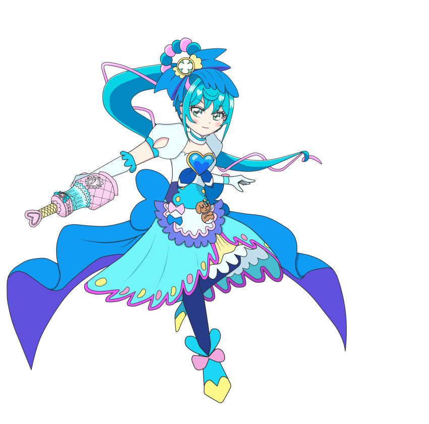 1girl :d blue_bow blue_hair blush bow brooch cure_spicy delicious_party_precure detached_collar earrings fuwa_kokone gloves green_eyes hair_bow hair_ornament hair_rings heart heart_brooch highres jewelry long_hair looking_at_viewer magical_girl multicolored_hair open_mouth pink_hair ponytail precure puffy_sleeves sahasi smile solo two-tone_hair upper_body white_gloves
