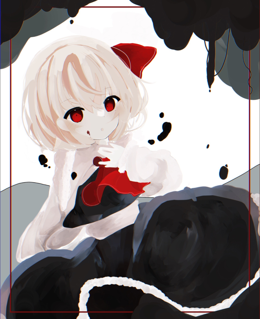 1girl :o ascot bangs black_dress blonde_hair blush collared_shirt commentary_request darkness dress expressionless eyebrows_visible_through_hair frilled_dress frills hair_between_eyes hair_ribbon highres kureha_ki908 open_mouth red_ascot red_eyes red_ribbon ribbon rumia shirt short_hair simple_background solo touhou white_background white_shirt