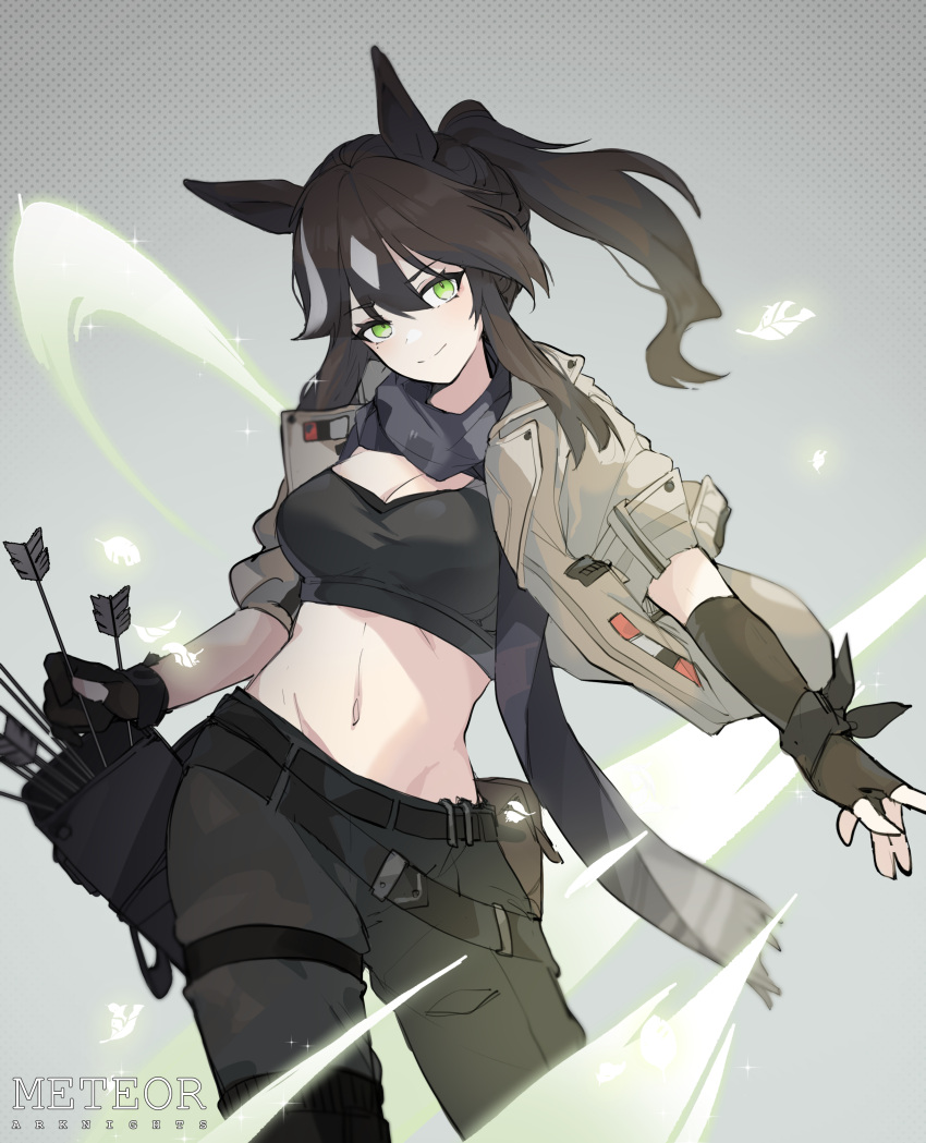 1girl absurdres animal_ears arknights arrow_(projectile) asymmetrical_gloves bangs belt black_belt black_cape black_gloves black_hair black_pants black_shirt cape character_name closed_mouth copyright_name cowboy_shot crop_top fingerless_gloves gloves green_eyes grey_background grey_jacket hair_between_eyes highres holding holding_arrow horse_ears jacket long_hair looking_at_viewer meteor_(arknights) midriff mole mole_under_eye multicolored_hair navel open_clothes open_jacket pants ponytail quiver retri shirt smile solo standing stomach streaked_hair weapon white_hair