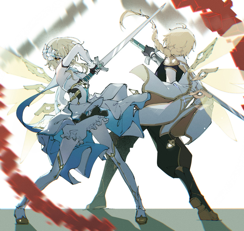 1boy 1girl aether_(genshin_impact) bangs black_footwear black_gloves blonde_hair bloomers boots braid breasts brother_and_sister chinese_commentary cube detached_sleeves detached_wings dress flower genshin_impact gloves highres holding holding_sword holding_weapon long_hair lumine_(genshin_impact) partially_fingerless_gloves shemika98425261 short_hair_with_long_locks short_sleeves siblings single_braid small_breasts standing sword thigh-highs thigh_boots underwear weapon white_dress white_flower white_footwear wings yellow_eyes