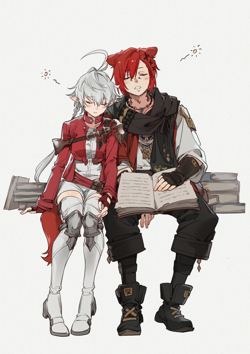 1boy 1girl ahoge alisaie_leveilleur animal_ears armor bangs belt black_gloves black_pants black_scarf book book_stack boots cat_ears closed_eyes commentary cropped_jacket crow0cc elezen elf facial_mark facing_viewer final_fantasy final_fantasy_xiv fingerless_gloves full_body g'raha_tia gloves grey_background hair_ornament highres jacket jewelry leaning_on_person long_hair long_sleeves miqo'te necklace open_book pants parted_lips pauldrons pointy_ears ponytail red_gloves red_jacket redhead scarf shirt short_hair shoulder_armor silver_hair simple_background single_pauldron sitting sleeping swept_bangs symbol-only_commentary thigh-highs thigh_boots vambraces white_footwear white_shirt x_hair_ornament