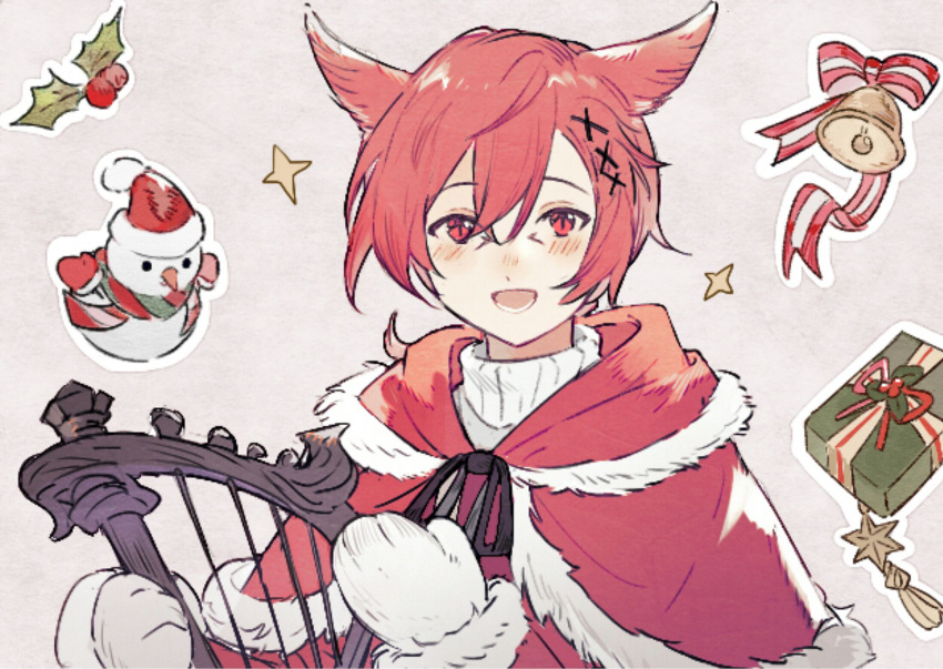 1boy animal_ears bell blush cat_boy cat_ears christmas final_fantasy final_fantasy_xiv g'raha_tia hair_ornament harp highres instrument looking_at_viewer lyre mittens open_mouth red_eyes redhead shanzi short_hair smile snowman solo